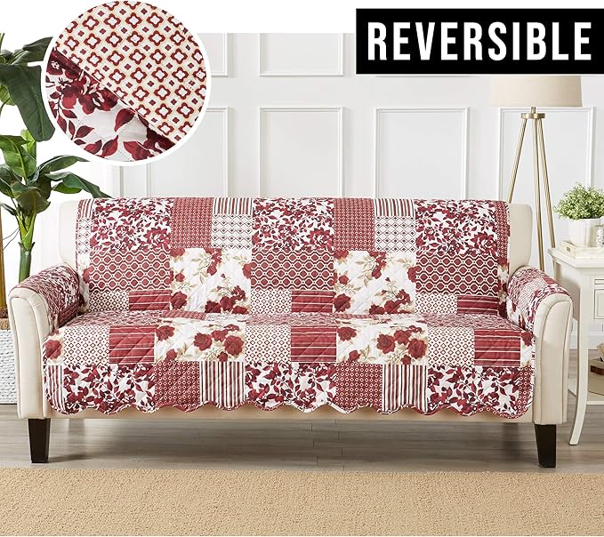 Great Bay Home Patchwork Scalloped Printed Furniture Protector Stain Resistant Sofa Cover (Sofa, Burgundy)