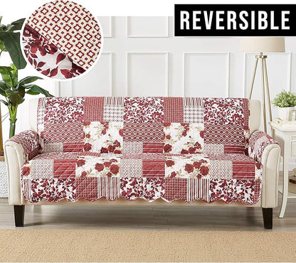 Great Bay Home Patchwork Scalloped Printed Furniture Protector Stain Resistant Sofa Cover (Sofa, Burgundy)