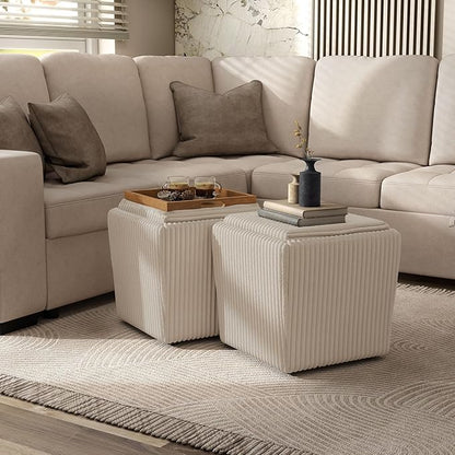 Furniture of America Lennox Modern Chenille 17-inch Square Storage Ottoman with Reversible Tray Top, Upholstered Footstool for Living Room, Bedroom, Entryway, Beige Pink