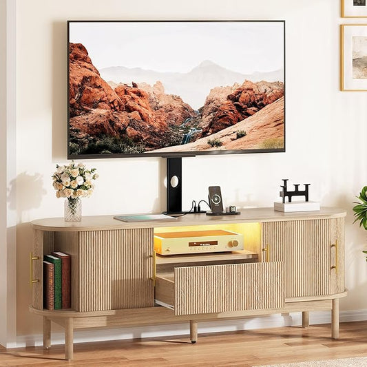 YITAHOME Fluted TV Stands for Living Room with Mount, Modern Entertainment Center for 32-70 inch TVs, LED Curved TV Stand with PowerOutlets & LED Light, Curved Profile Design, Natural Oak