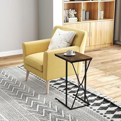 Manora TV Dinner Tray Table, C Shaped End Table for Couch, Rustic Brown Slide Under Couch Table for Small Space, Living Room or Bedroom