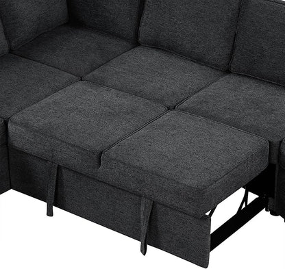 126" Extra Large Pull-Out Sofa Bed with Drop-Down Cup Holder Tables,L-Shaped Sectional Couch W/Charging Device,Convenient Sleeper Furniture Set for LivingRoom Apartment,Beige Chenille