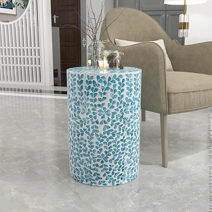 PEMAR Mother of Pearl Inlaid Cylinder Drum End Table Nacre Capiz Shell Side Table Stool Round Coffee Bedside Accent Nightstand and Vanity Stool (Teal Floral)
