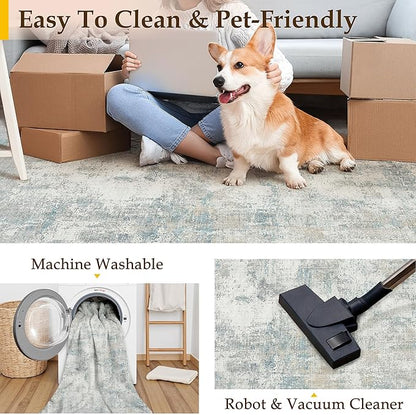 6x9 Washable Area Rug Blue Cream Modern Neutral Abstract Living Room Bedroom Indoor Floor Carpet Low Pile Soft Non-Slip Lightweight Vacuumable Throw Rug for Nursery Dining Room Office