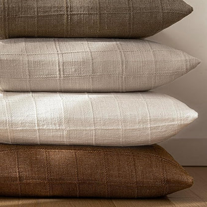 Foindtower Set of 2 Decorative Linen Check Throw Pillow Covers Neutral Long Body Lumbar Cushion Covers Farmhouse Vintage Home Decor for Sofa Chair Couch Bedroom Living Room,14×36 Inch,Natural Linen