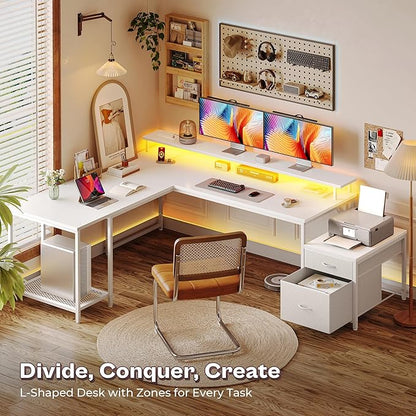 PRAISUN 66 Inch L Shaped Computer Desk with Power Outlets and LED Lights, Home Office Desk with Fabric Drawers and Print Stand, L Shape or Long Set up, Monitor Stand, Mesh CPU Stand, White