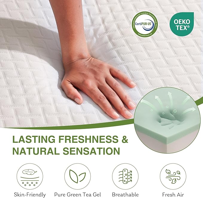 Twin XL Memory Foam Mattress, 6 Inch Bed Mattress in a Box with Cooling Green Tea Gel, Relieve Pressure with Medium Support, CertiPUR-US Certified, 80''L x 38''W, White