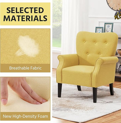 Yaheetech Modern Armchair, Mid Century Accent Sofa Chair with Sturdy Wood Legs and High Back, Upholstered Fabric Sofa Club Chair for Living Room/Bedroom/Office, Yellow