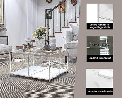 Matte Coffee Table with Open Storage, Square Tempered Glass Storage Rolling Coffee Table, Modern Design for Living Room, Meeting Room (White)