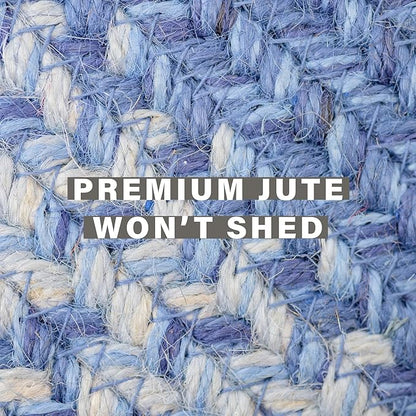 Homespice Denim Premium Jute Braided Area Rug, 2x6' Rectangular Hall Runner Blue - Navy - White, Natural Jute Yarn Rustic, Country, Primitive, Farmhouse Style - 30 Day Risk Free Purchase
