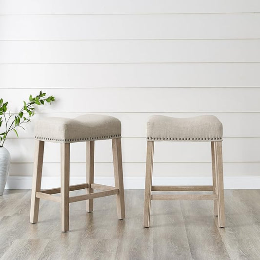 Roundhill Furniture Coco Upholstered Backless Saddle Seat Counter Stools 25.5" Height, Set of 2, Fabric, Tan