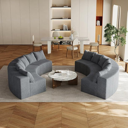 KEIKI Corduroy Curved Sectional Sofa, 6 Seater Symmetrical Modular Semi Circular Couch, Tufted Deep Seat Corner Sofa for Living Room, Lobby, Gray
