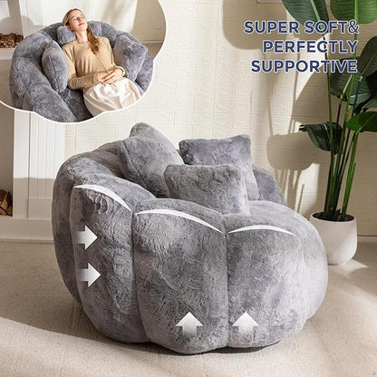 MAXYOYO Bean Bag Chair with 3 Pillows, Oversized Floral Shaped Bean Bag Sofa for Adults, Ultra Soft Faux Fur Floor Sofa, Large Stuffed Reading Chair for Living Room Bedroom, Grey