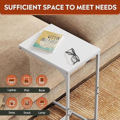 WLIVE C Shaped End Table, Small Couch Side Tables with Metal Frame, Sofa Table TV Tray for Living Room, Bedroom, White