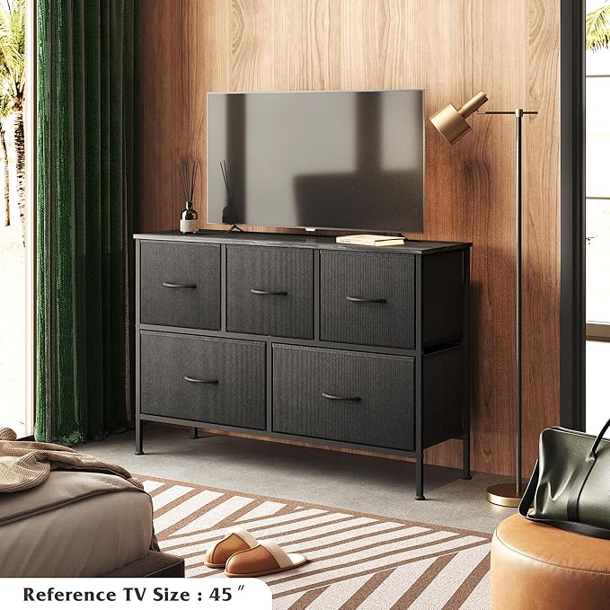WLIVE Dresser for Bedroom with 5 Drawers, Long Fabric Dresser, Chest of Drawers, Storage Drawer Unit with Fabric Bins for Closet, Living Room, Hallway, Charcoal Black, Size L