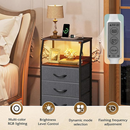 WLIVE Nightstand with Charging Station, Night Stand with LED Light, Tall 4 Drawer Dresser for Bedroom, 37" H Bedside Table with Fabric Storage Bins, Open Wood Shelf, Metal Frame, Dark Grey