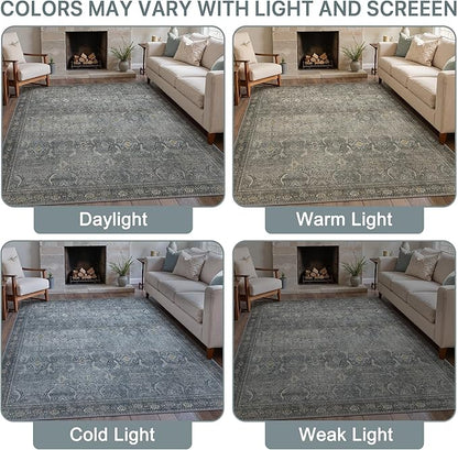 8X10 Area Rugs Machine Washable Rugs for Living Room, Vintage Boho Large Rugs for Bedroom Dining Room, Non Slip Indoor Soft Distressed Lightweight Thin Low Pile Carpet, Slate Grey
