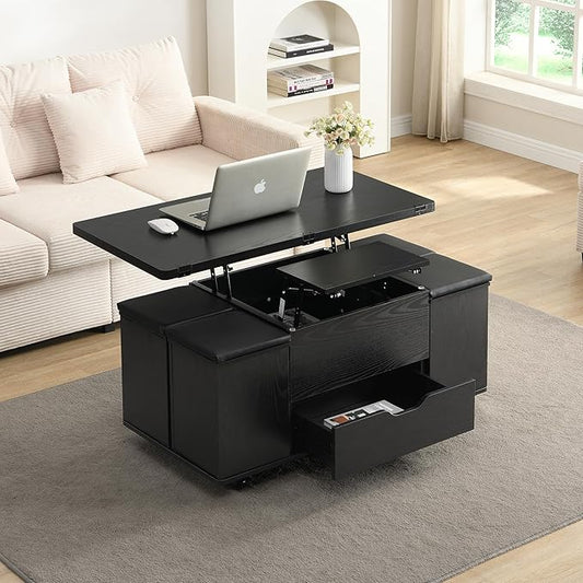 Merax Multi-Functional Lift-Top Coffee Table with Hidden Storage and Stools,Multi-Function Modern Center Table with 4 Stools and Casters,Perfect for Modern Living Spaces, Black
