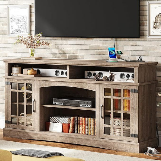 IRONCK Farmhouse TV Stand for 65 Inch TV, 32“Tall Entertainment Center with Power Outlets, Rustic TV Cabinet with Glass Door Media Console, TV Console for Living Room, Light Rustic Oak