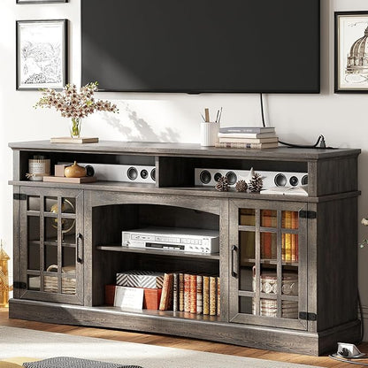 IRONCK Farmhouse TV Stand for 65 Inch TV, 32“Tall Entertainment Center with Power Outlets, Rustic TV Cabinet with Glass Door Media Console, TV Console for Living Room,Dark Rustic Oak