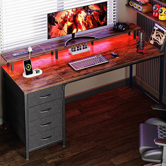 Huuger 55 Inch Computer Desk with Power Outlets and LED Lights, Gaming Desk with 4 Drawers, Office Desk with Monitor Stand, Study Work Home Office, Rustic Brown