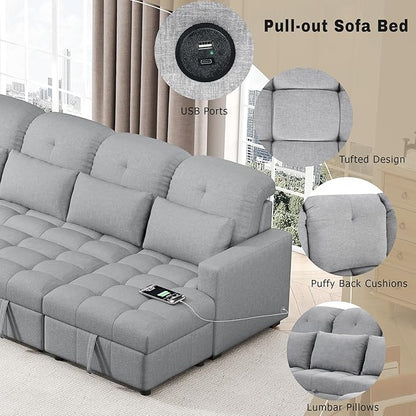 Ball & Cast 110.2" Oversized Versatile Sectional Sleep Sofa with Two USB Ports,U-Shape 4 Seat Pull-Out Couch w/Double Storage Chaise Lounges,for Living Room,Apartment,Office,Gray