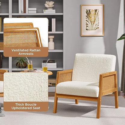 Yaheetech Boucle Fabric Accent Chair, Vintage Rattan Vanity Chair with Wood Armrest and Legs for Living Room Bedroom Makeup Room, Ivory 1