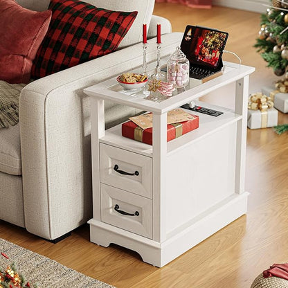 LINSY HOME Narrow End Table with Charging Station, Side Table with Glass Top, Open Shelf, and 2 Drawers, Small Sofa Table with Storage for Living Room, White