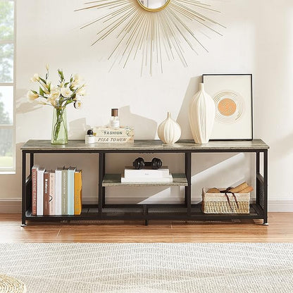 VECELO Industrial TV Stand for Televisions up to 65 Inch, 55" Entertainment Center with Open Storage Shelves for Living Room/Bedroom, 3 Tiers Media Console Table with Metal Frame, Grey, 55 Inches