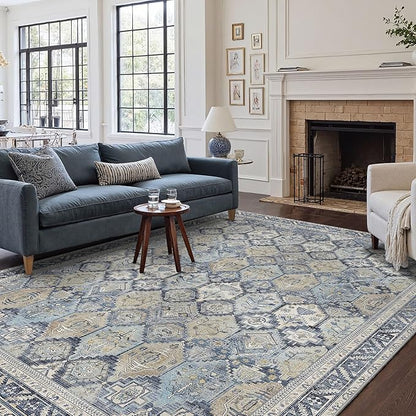 GENIMO 8x10 Area Rugs for Living Room, Machine Washable Non Slip Vintage Rugs, Low Pile Lightweight Chenille Print Rug for Bedroom, Dining Room, Home Office, Brown Blue
