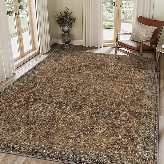 9X12 Area Rugs Machine Washable Rugs for Living Room, Vintage Boho Large Rugs for Bedroom Dining Room, Non Slip Indoor Soft Distressed Lightweight Thin Low Pile Carpet, Rustic Brown