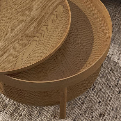 Round Coffee Table,Living Room Table with 3 Tiers 31.5 Inch Storage Pivoting Table with 3 Tiers, Made Entirely of Rubberwood and MDF Board (Brown 31.5" x 31.5" x 17.75")