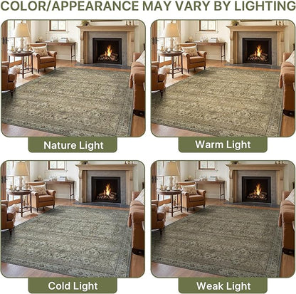 9X12 Area Rugs Machine Washable Rugs for Living Room, Vintage Boho Large Rugs for Bedroom Dining Room, Non Slip Indoor Soft Distressed Lightweight Thin Low Pile Carpet, Muted Sage