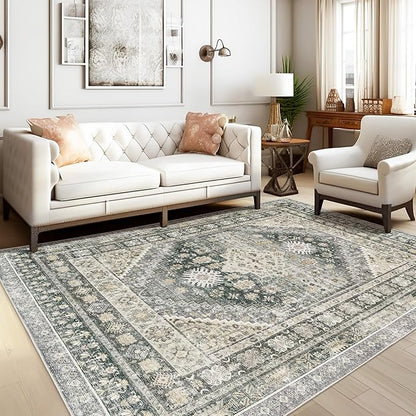 zesthome 6x9 Area Rug, Super Soft Washable Rugs for Living Room, Non-Slip Stain Resistant Vintage Rugs, Ultra-Thin Large Area Rugs (Wheat/Charcoal,6'x9')