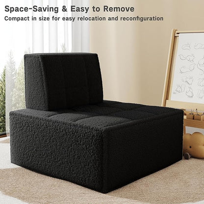 Modular Sherpa Sofa Chair, Cozy Floor Lounge Seating, No Armrests, Small Sofa for Small Spaces, Reading Nook, or Apartment Living, Single, Black