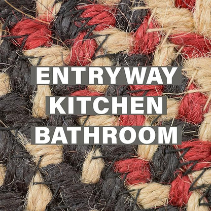 Homespice Gloucester Jute Braided Rug 20x30in Rect Black-Tan-Red Natural Jute Rug. Uses- Indoor Entryway, Kitchen Rug, Bedroom Doorway Reversible, Rustic, Country, Primitive, Farmhouse Decor