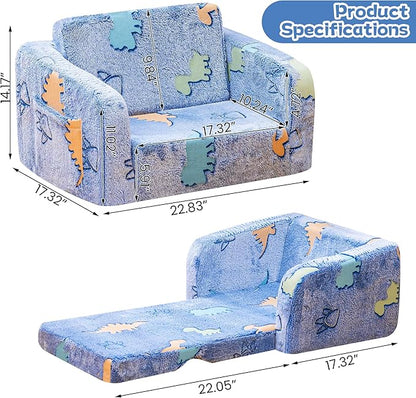 Lamerge 2-in-1 Soft Toddler Couch Fold Out,Foldable Toddler Chair, Glow in The Dark Kids Sofa for playroom,Convertible Foam and Floor Cushion for Boys and Girls (Blue and Dinosaur)