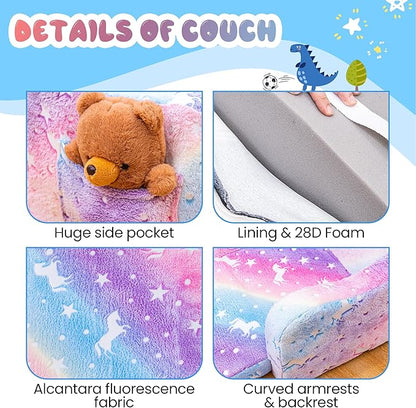 Lamerge 2-in-1 Toddler Couch,Glow in The Dark Baby Floor Bed,Foldable Toddler Chair Kids Sofa for playroom,Convertible Sofa to Lounger for Girls and Boys (Rainbow and Unicorn)