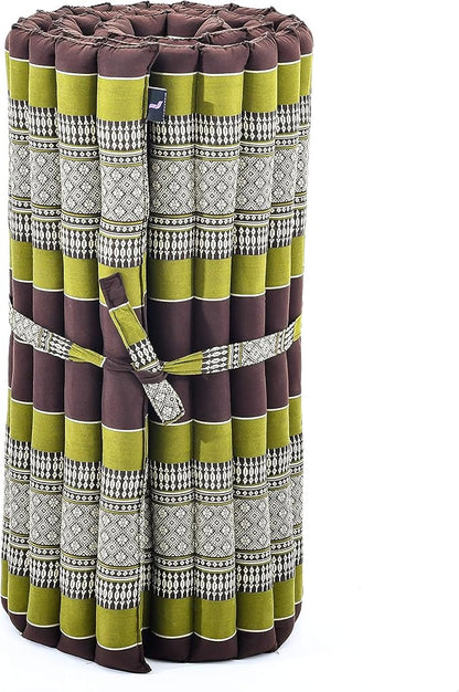 Leewadee - Foldable Floor Mattress - Japanese Roll Up Futon -Trifold Tatami Mat- Guest Floor Bed - Camping Mattress - Thai Massage Mat, Kapok Filled, 75 x 28 inches, Brown Green
