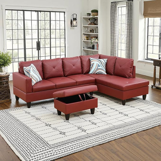 NicBex Sectional Couch 3 Pieces Sofa Set with Left Chaise Faux Leather L Shaped Cloud Couch for Living Room Furniture Sets with Storage Ottoman, Modular Sofa for Living Room & Apartment, Red