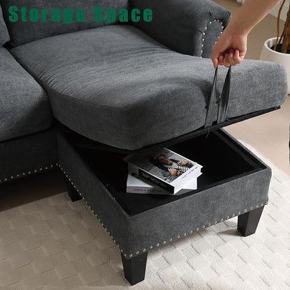 Ball & Cast 106" Convertible Sectional Sofa with Storage Chaise, Linen Upholstered 4 Seater Couch with Back Cushions and Removable Ottoman for Living Room, Apartment, Office,Gray