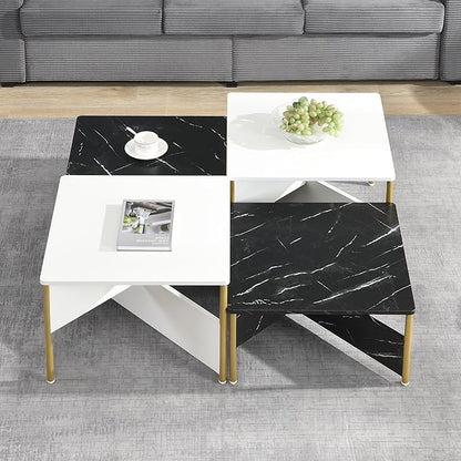 Christopher Knight Home Lana Wooden Nesting Coffee Table Set of 4, Mid Century Modern Square Living Room Table, Free Adjustable Shape Table, Versatile and Stylish Living Room Furniture, White + Black