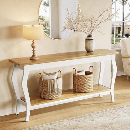 LITTLE TREE 70.9 Inches Long Console Table, 2-Tier Vintage Wooden Sofa Table Behind The Couch with Metal Legs for Hallway, Entryway, Living Room, White & Light Oak