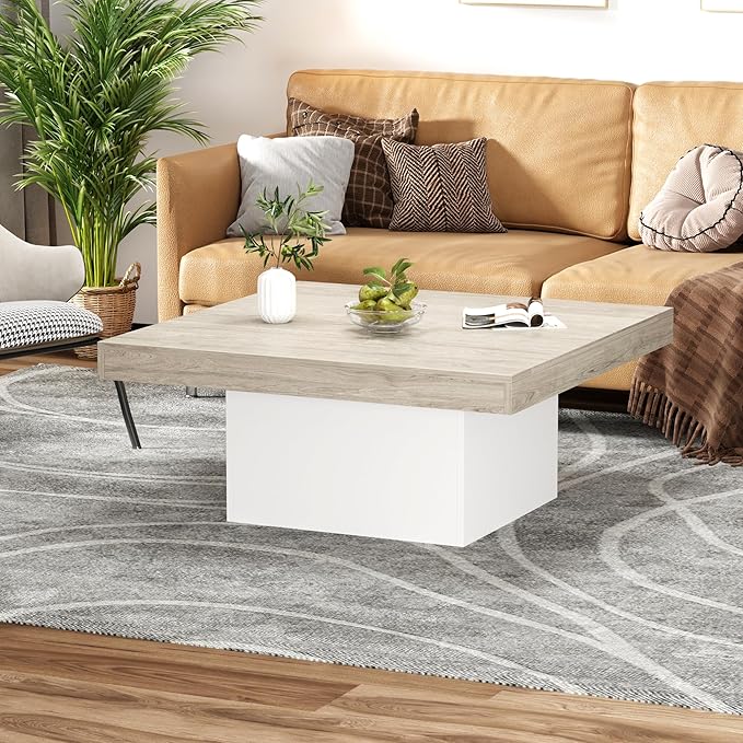 GarveeHome Square Coffee Table with Led Lights, 35 inch Living Room Tables, Modern Coffee Tables with Plug-in 16-Color LED Lights, Cocktail Table for Home Office, Apartment, Reading Room