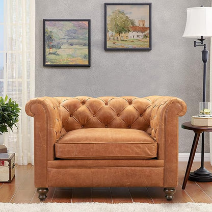 POLY & BARK Lyon Leather Lounge Chair – Cognac Tan Full-Grain Leather Upholstery – Modern Upholstered Accent Chair for Living Room or Bedroom – Indoor Lounge Seating with Lasting Comfort
