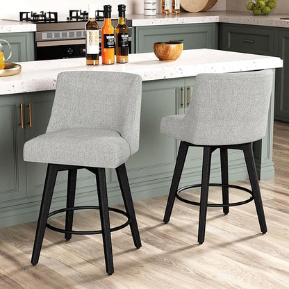 Counter Height Bar Stools Set of 6, Modern Swivel Barstools with Back and Wood Legs, Linen Fabric Upholstered Bar Chairs, 26" H Kitchen Counter Stools, Kitchen Island Home Bar, Light Grey