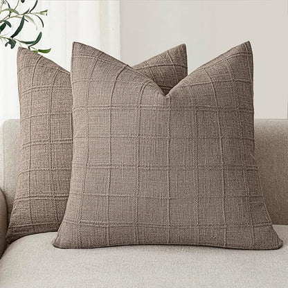Foindtower Set of 2 Decorative Linen Check Throw Pillow Covers Neutral Farmhouse Vintage Cushion Covers Modern Boho Home Decor for Sofa Chair Couch Bedroom Living Room Outdoor,24×24 Inch,Tan Taupe