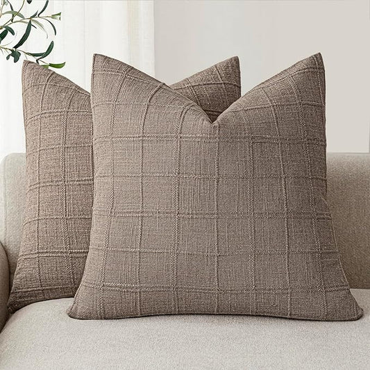 Foindtower Set of 2 Decorative Linen Check Throw Pillow Covers Neutral Farmhouse Vintage Cushion Covers Modern Boho Home Decor for Sofa Chair Couch Bedroom Living Room Outdoor,24×24 Inch,Tan Taupe