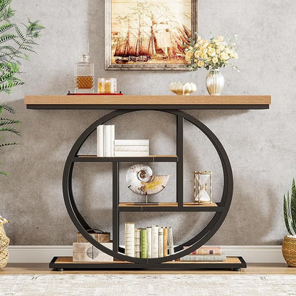 Tribesigns 41.3" Console Table, Industrial 4-Tier Sofa Table Entryway Table with Circle Base, Narrow Wood Accent Tables with Storage Shelves for Living Room, Hallway, Foyer, Light Brown