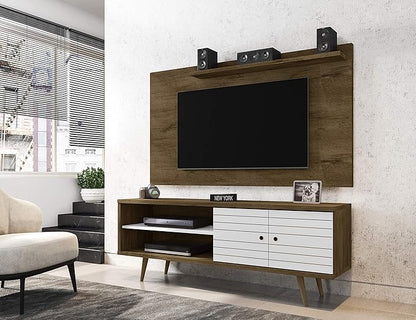 Manhattan Comfort Liberty Mid Century Modern TV Stand for Televisions up to 60 Inches, Bedroom and Living Room Entertainment Center with Storage, Shelves, and Cabinet, 63" Wide, Rustic Brown/White
